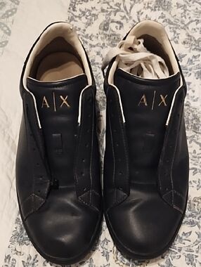 A/X Armani Exchange Men's Black Leather Low-Top Sneakers with Cream Trim
